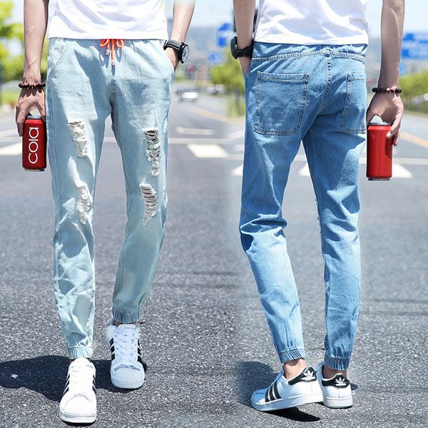 

new perforated leggings loose lace elastic jeans trend men's pants, Blue