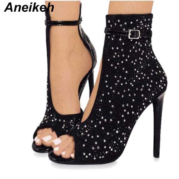 

aneikeh crystal sequins women pumps high heels brand design gladiator rhinestone buckle strap summer party shoes 41 42 43 c1120, Black