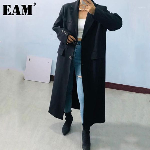 

eam] women black big size long trench new lapel long sleeve loose fit windbreaker fashion tide spring autumn 2020 1da2831, Tan;black