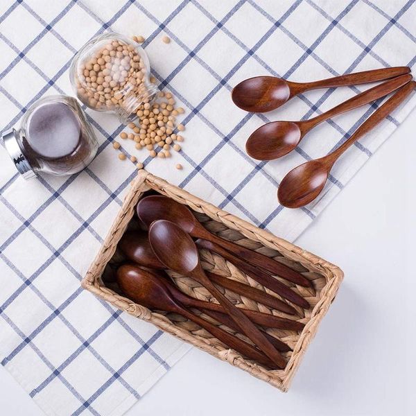 

wooden spoons, 10 pcs wood soup spoon set, long handle natural wood table spoons for eating mixing stirring cooking - 7.3 inches