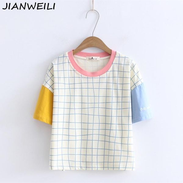 

women's t-shirt jianweili summer t shirt women plaid o-neck harajuku short sleeves t-shirts tshirt tee for girls simplicity t-shirt1, White