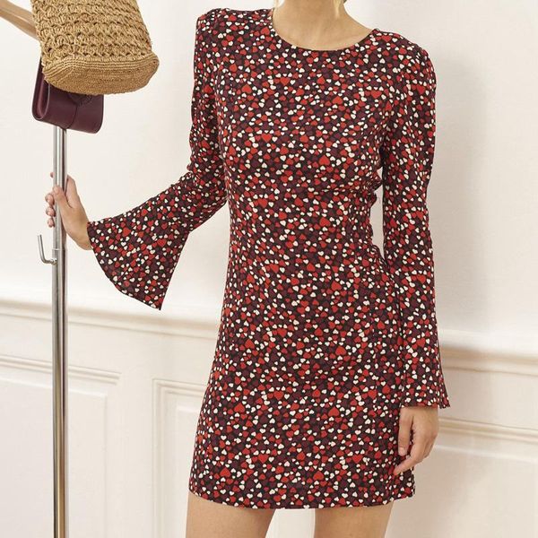 

casual dresses retro love print women mini dress o-neck flared sleeves lady autumn winter, Black;gray