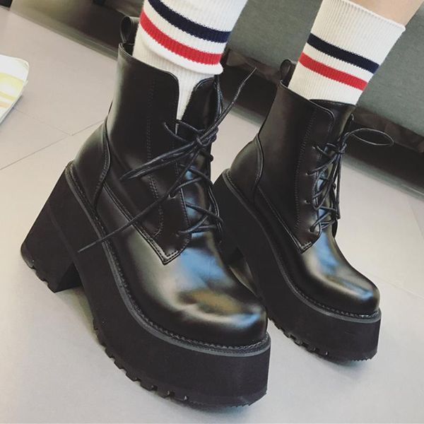 

boots chic platform chunky high heels riding women shoes college girls lace up knight botas solid ankle botines mujer2021, Black