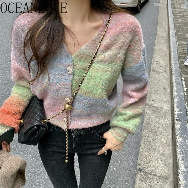 

oceanlove tie dye women cardigans short slim rainbow print sweaters 2020 autumn winter clothes mujer chaqueta sueter 188231, White