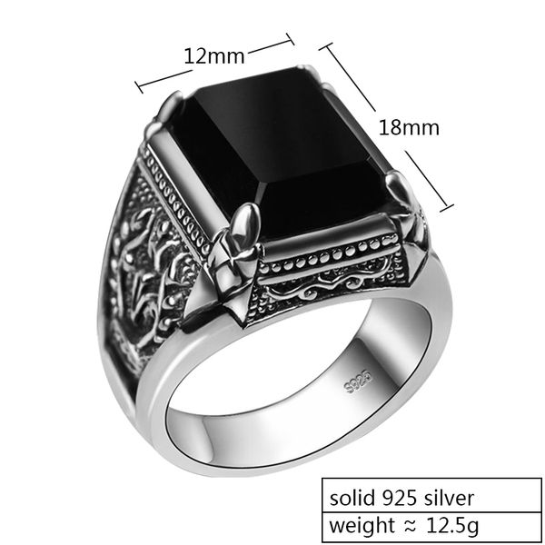 

zabra real 925 silver black zircon ring for men female engraved flower men fashion sterling thai silver jewelry synthetic onyx 201118, Slivery;golden