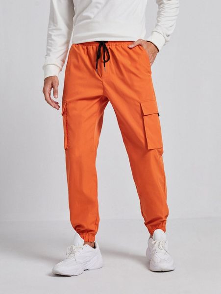 

men neon orange drawstring waist cargo pants u43v#, Black