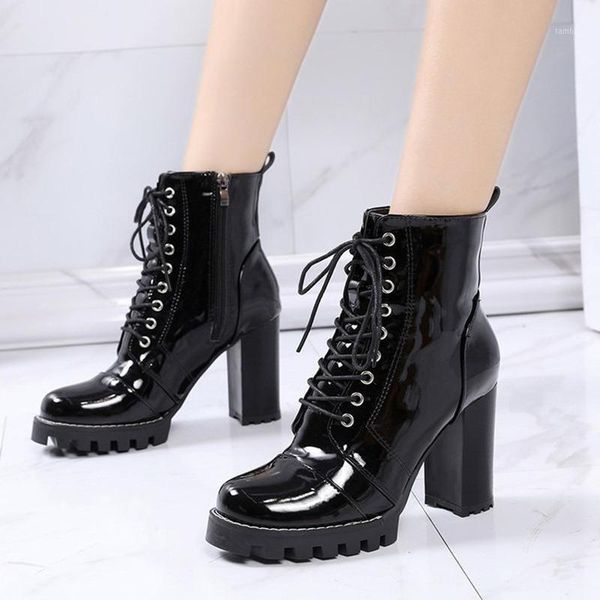 

women patent leather ankle boots autumn winter women's lace up boots female platform super high heels ladies round toe shoes1, Black