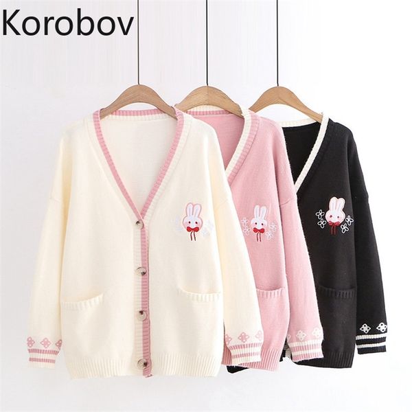 

korobov autumn winter new long sleeve women sweaters sweet v neck jumper femme kawaii knitted sueter mujer outwear 201223, White;black