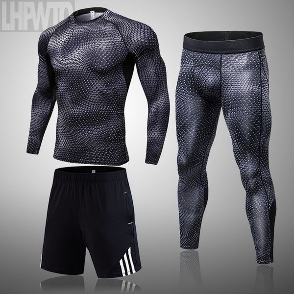 

brand men's 3 piece set sports thermal underwear fitness men gym t-shirt tights bodybuilding training quick dry compression suit lj2011, Gray
