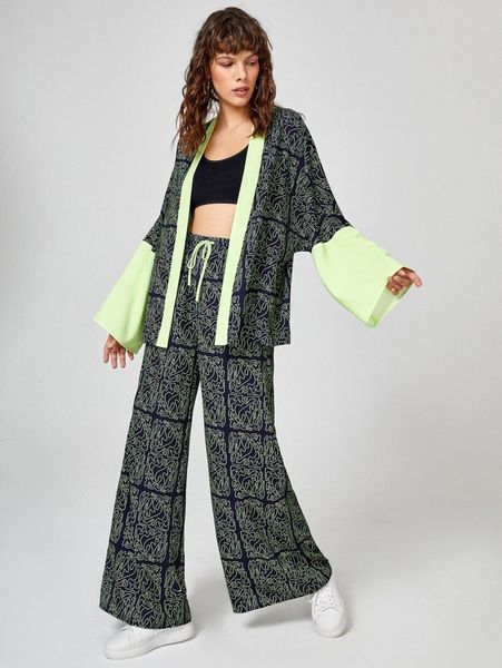 

x zizzari open front contrast trim allover print kimono u9wf#, White;black