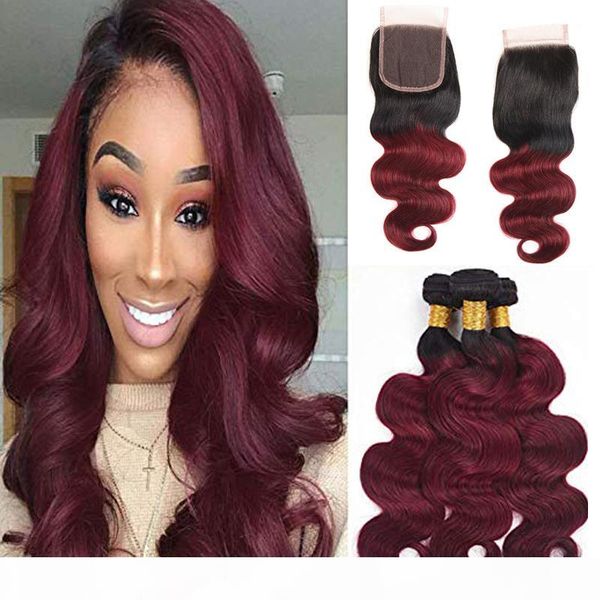 

ombre brazilian body wave human hair bundles with closure 4x4 part 1b 99j two tone virgin human hair extension, Black