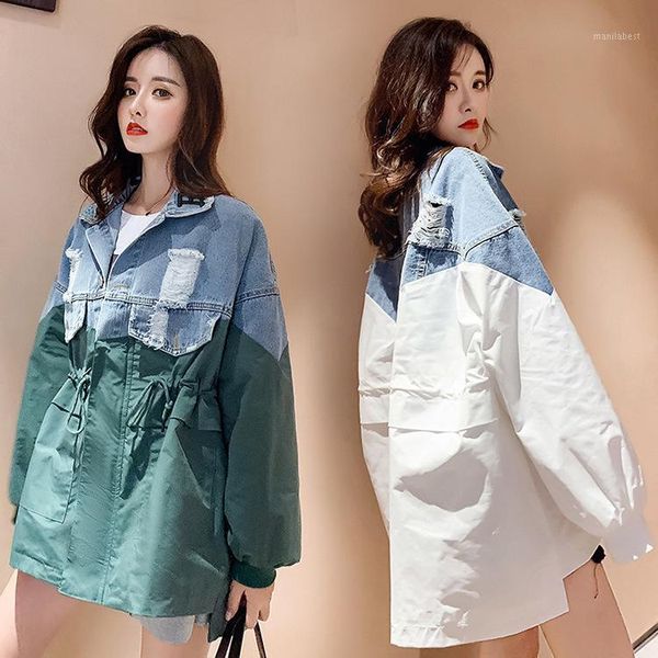 

stitched fashion denim coat autumn and winter women fashion outwear contrast color irregular travel trench new1, Tan;black