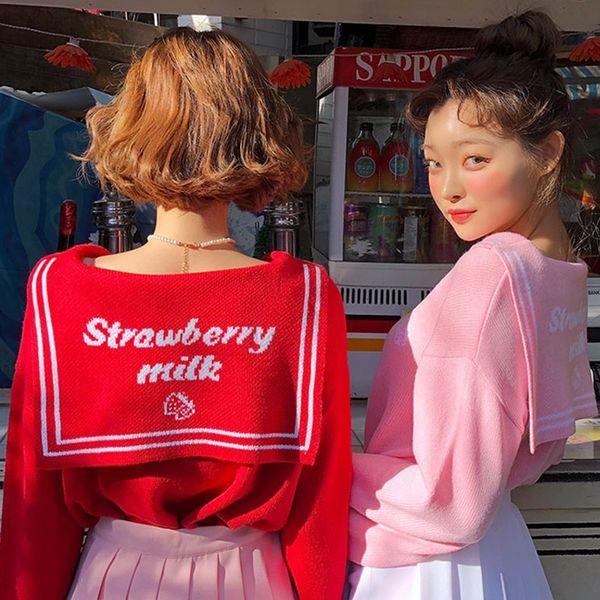 

japanese soft girl kawaii sweater women autumn winter sailor collar letters strawberry pattern jacquard knitted sweater pink red y200720, White;black