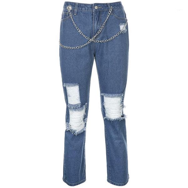 

fashion women's jeans with chain streetwear high waist ripped jeans for women casual straight denim women cropped pants1, Blue