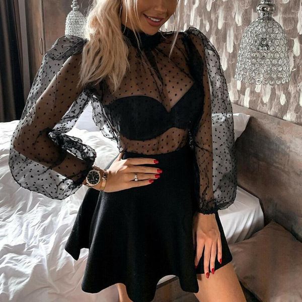 

2021 fashion women turtleneck polka knit lantern sleeve short loose shirts transparent casual sheer mesh vintage blouse1, White