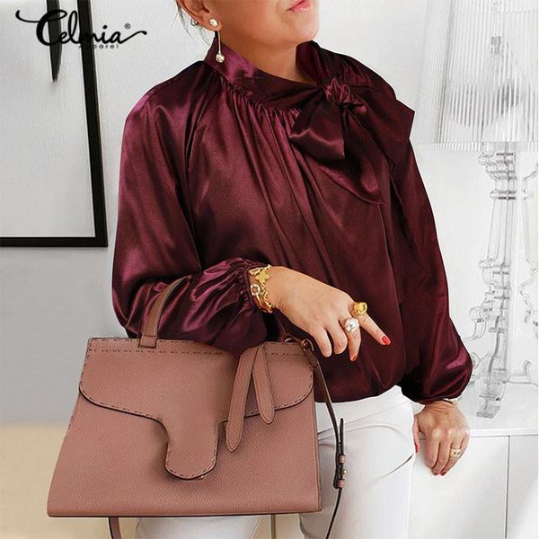 

women elegant bow tie silk satin shirts celmia lantern long sleeve blouse female autumn fashion casual loose lady party, White