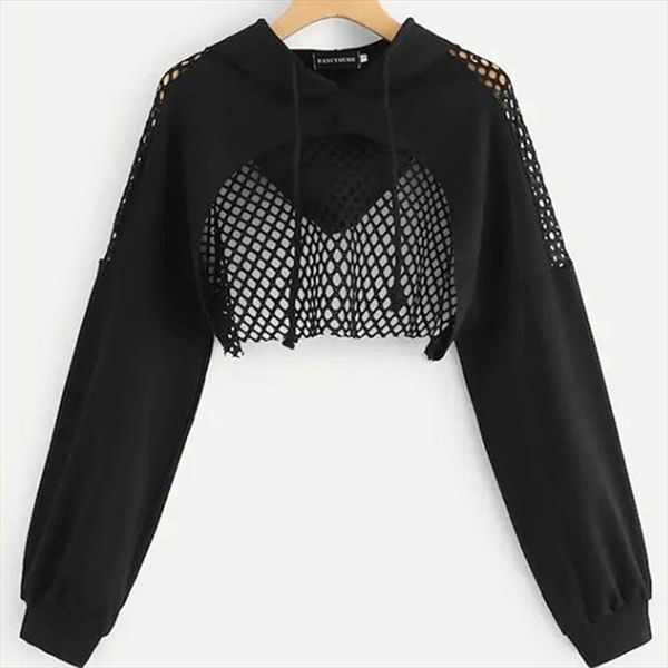 

женщины harajuku hoodie mesh beatwork cross tops мода толстовка толстовая толстовка готический длинный рукав подрезанная одежда с капюшоном, Black