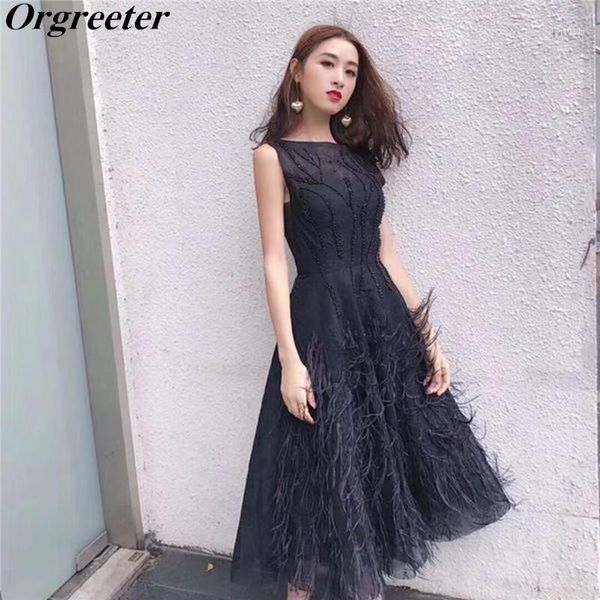 

2019 spring summer new arrive black midi tank dress beading tassel feather elegant white women party dress1, Black;gray