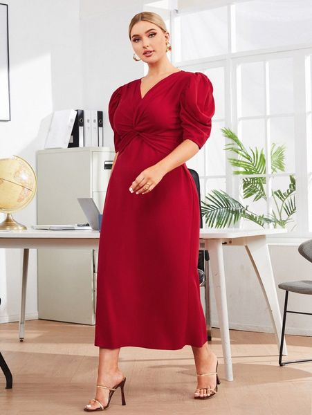 

plus puff sleeve twist front dress n7xo#, Black