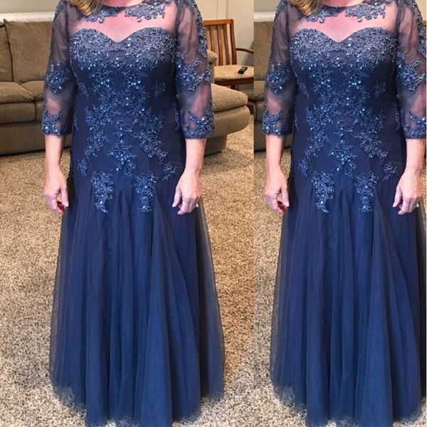 

navy blue scoop neck mother of the bride dress floor-length tulle with beading sequins a-line plus size mother dress vestidos de noivas, Black;red