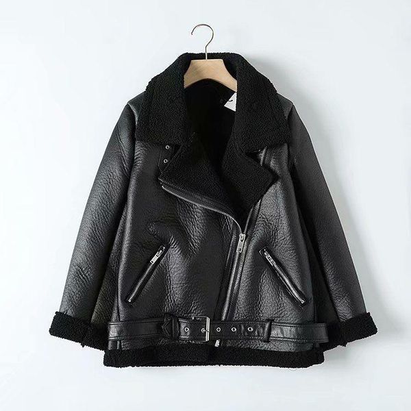 

motorcycle jacket loose belt warm woman's jacket lamb wool coat winter thicken lapel female coat pu leather cooat1, Black