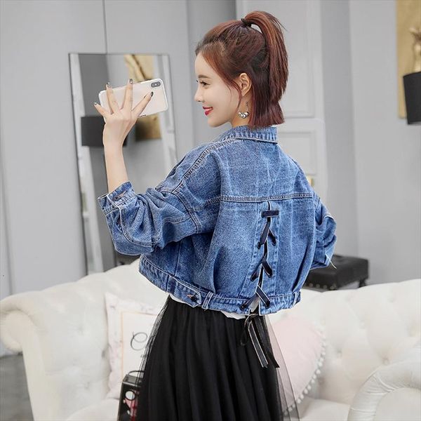 

2021 autumn winter women denim jackets cropped bomber jacket for women ladies short ribbon coat chaqueta mujer outwear, Black;brown