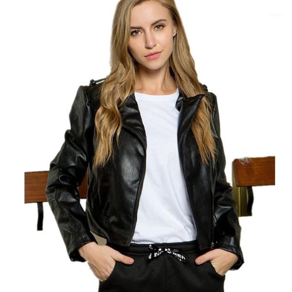 

yiwa women's pu jacket v collar long sleeve slim zipper coat short casual thick warm faux jacket outerwear ladies plus size1, Black;brown