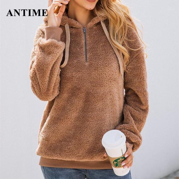 

antime autumn winter fleece hoodie women pullover warm zipper pockets faux fur casual solid ladies sweatshirt 1, Black