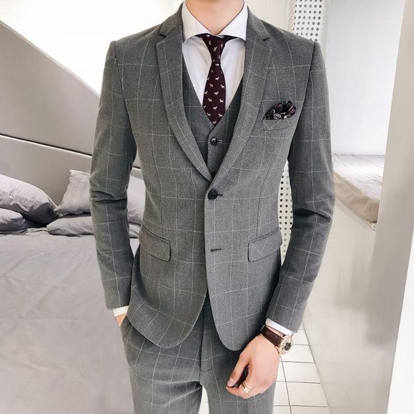 

plaid style fashion male blazers men suits wedding slim fit groom party business formal tuxedo compere jacket+vest+pants suits1, White;black