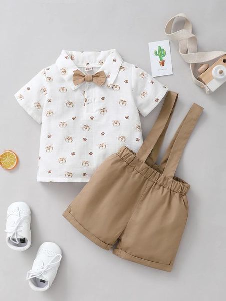 

baby tiger & paw print bow shirt & pinafore shorts she, White