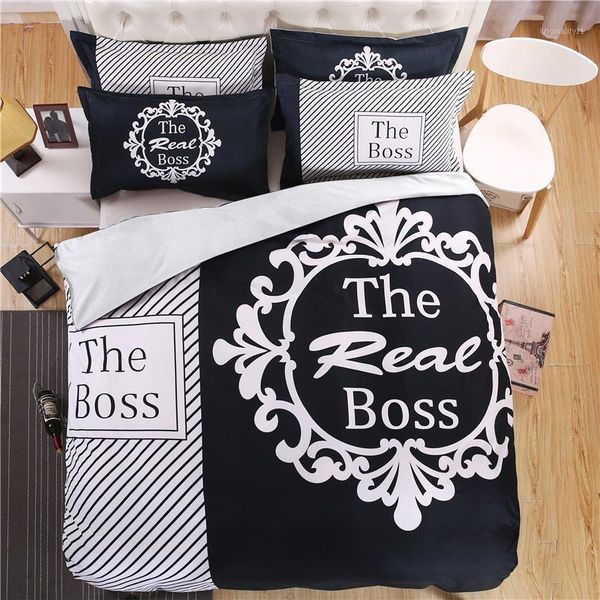 

modern black and white real boss bedding set duvet cover bed sheet pillow case king  size bed linen set 4pcs1