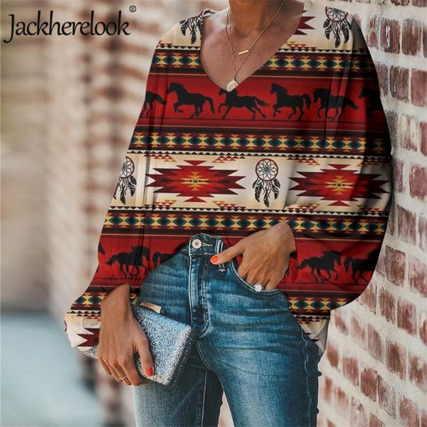 

women's blouses & shirts jackherelook african tribal tucson horse stripe terracotta print vintage woman spring v-neck ladies clothing, White