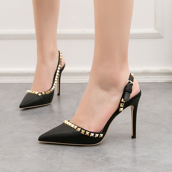 

9268-27 fashion nightclubs thinner high heel low-cut hollow back strap rivet pointed toe sandals multifunction, Black