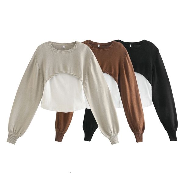 

2021 new elegant women patchwork o-neck sweaters fashion ladies hollow out knitted streetwear female chic sleeve pullovers fi6w, White;black