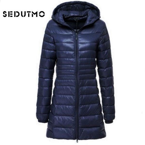 

sedutmo spring ultra light womens down jackets plus size duck down coat long puffer jacket thin hooded coat lj201127, Black