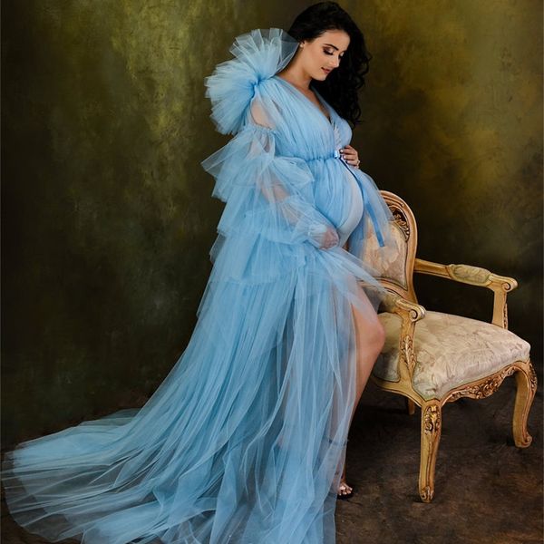 Himmelblaue Rüschen Umstandsnachthemden Puffärmel Brautnachtwäsche für Fotoshooting Boudoir Dessous Bademantel Nachtwäsche Babydoll Nach Maß