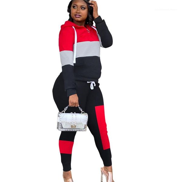 

color two piece set loose hooded designer two piece pants fashion panelled womens tracksuits casual contrast, Gray