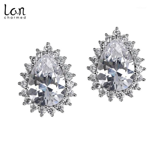 

stud lancharmed 925 sterling silver cz earrings teardrop shaped for women1, Golden;silver