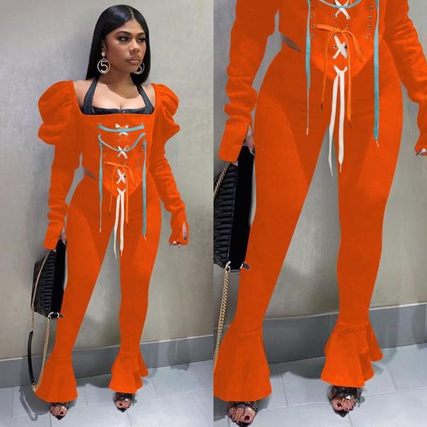 

women 2 pieces outfits puff sleeve and long flounced pants sweatsuits set tracksuits, Gray