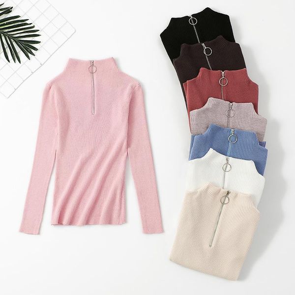 

half-collar pullover sweater women's 2020 new autumn winter long-sleeve slim solid color korean zipper knitted sweater women1, White;black