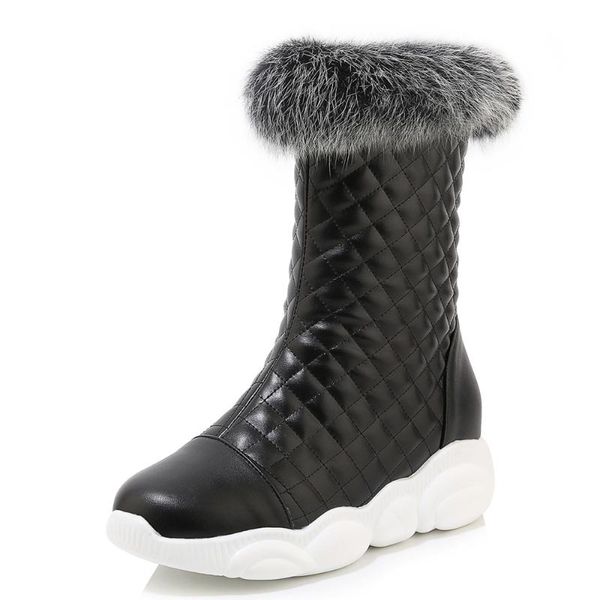 

round-toe thick-soled inner raised fur women's boots, flat-bottomed check pattern tpu sole, lightweight pu women's boots, Black