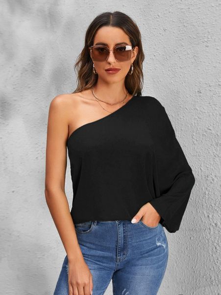 

one shoulder bell sleeve solid f44l#, White