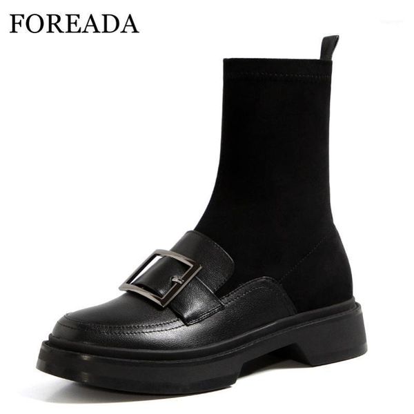 

boots foreada natural genuine leather mid calf flat platform woman buckle female shoes autumn winter black wine red 34-391