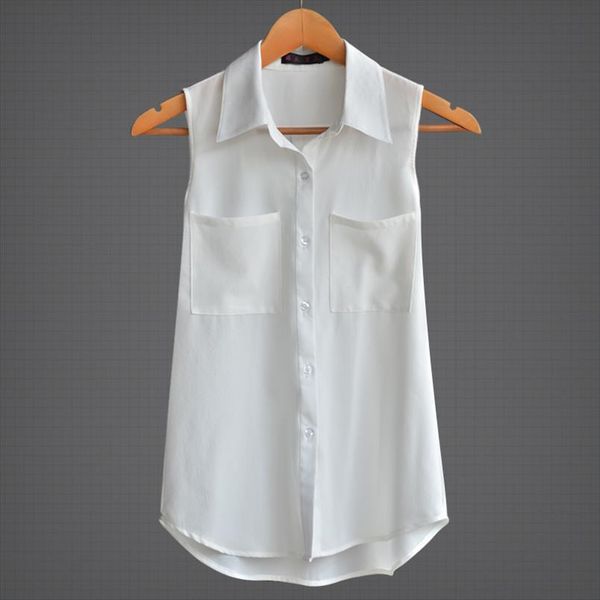 

2020 loose slim turn down collar sleeveless ol chiffon shirts white femme summer omen blouses drop shipping