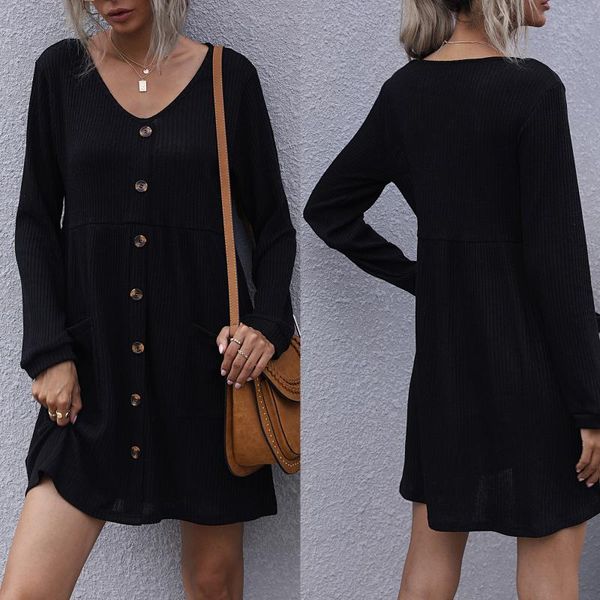 

casual dresses 2021 dress women's black long sleeved short v-neck plain loose fashion vestido de mujer, Black;gray