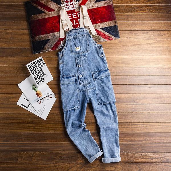 

american retro tooling mens jumpsuit hip hop trend loose bibs light blue overalls fashion wild suspenders male tide