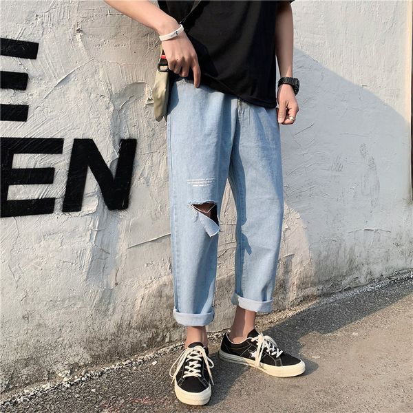 

2020 holed jeans men's fashion brand ins korean loose trend nine point thin rough hem beggar pants, Blue