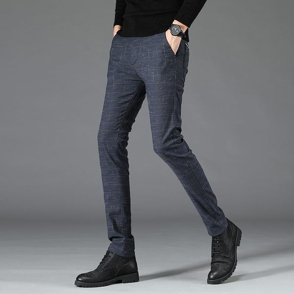 

2020 stretch plaid casual pants men spring summer business plaid trousers men's straight warm trousers pant, Black