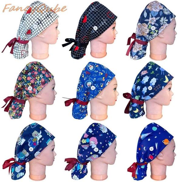 

cotton women's operating room hats buttons floral printing adjustable accessories beauty salon work caps hat, Blue;gray