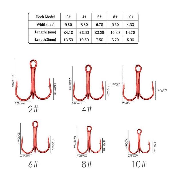 

10pcs/ box fishing hooks high steel carbon material treble fishing hook round folded saltwater bass red 2 # -10 # tack bbyxve